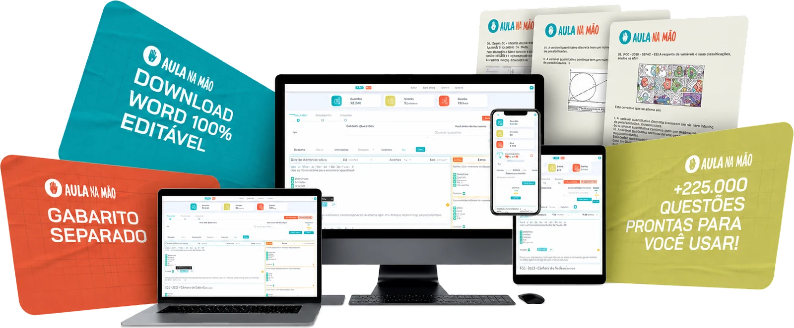Materiais gerados pelo Aula na Mão em computador, notebook, tablet e celular, com provas e gabaritos impressos